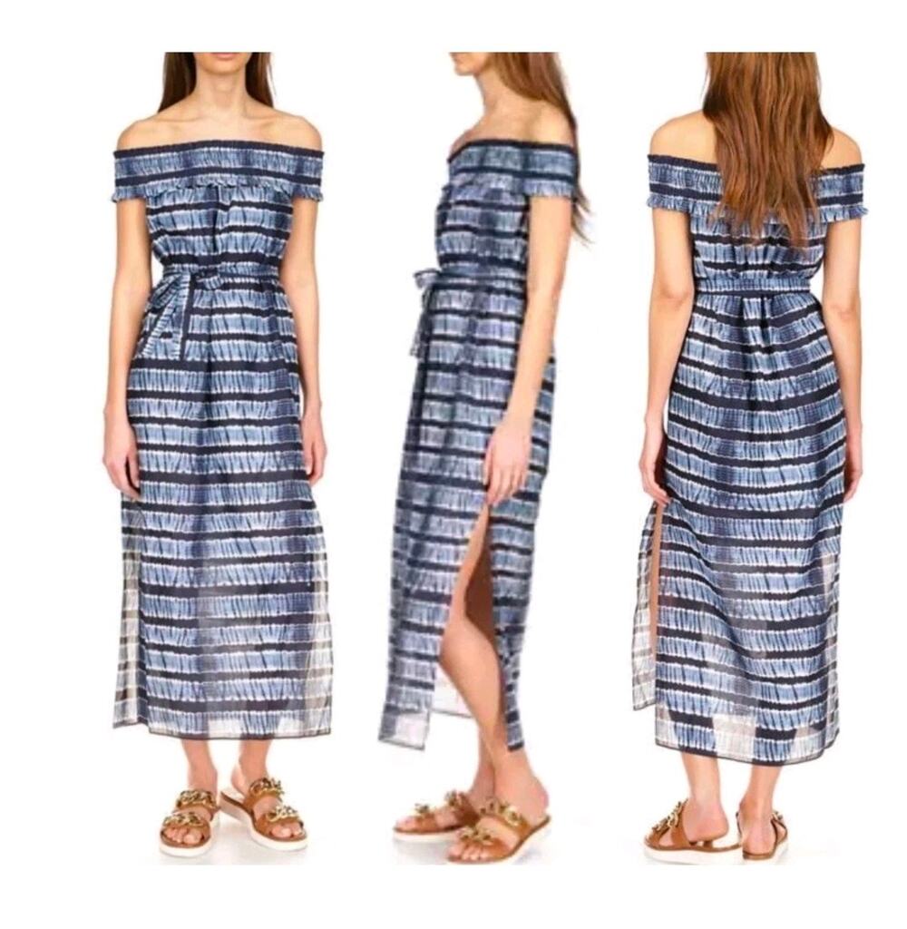 NWT Michael Kors Chambray Tie Dye Off Shoulder Maxi Dress Small